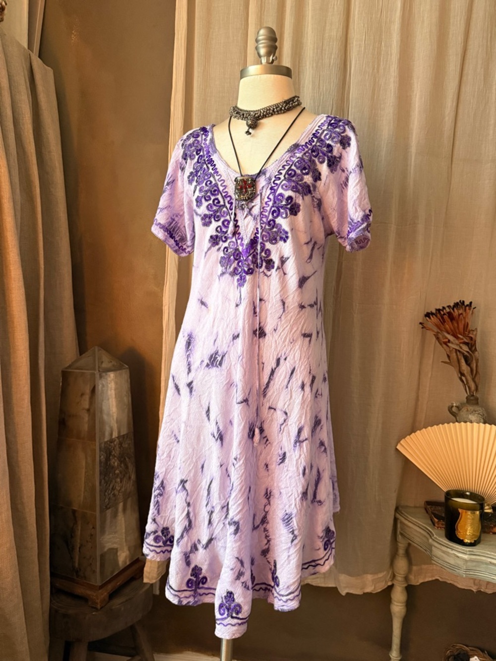 Shoreline Lavender purple Tie-Dye Dress with Embroidery boho festival hippie